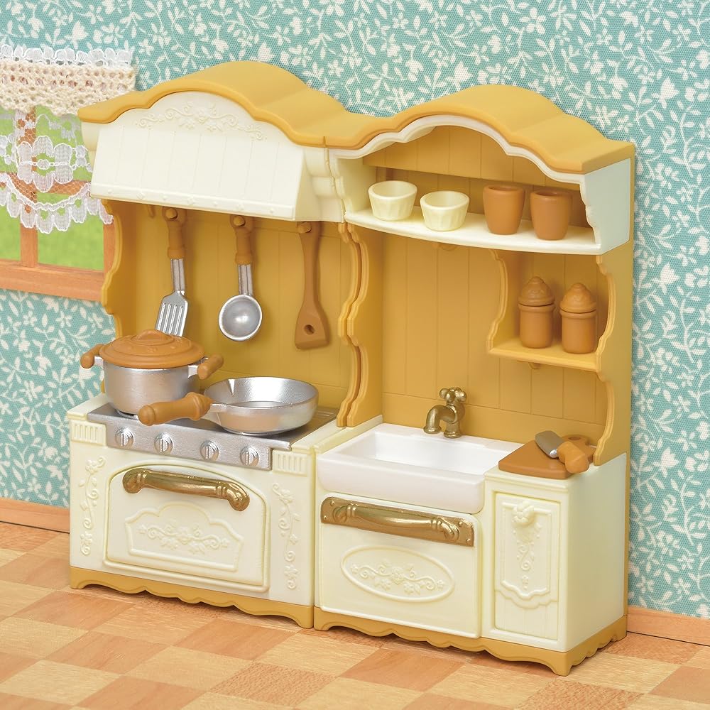 Sylvanian Families EPOCH Kitchen Set with Stove and Sink for Dollhouse Toys Ages 3 and Up