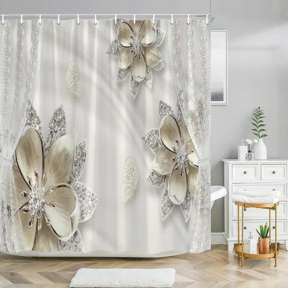Elegant Bouquet Of Fantastic White Flowers 3D Style Shower Curtain Bathroom Curtain With Bath Rug Carpet Set Floral Home Decor