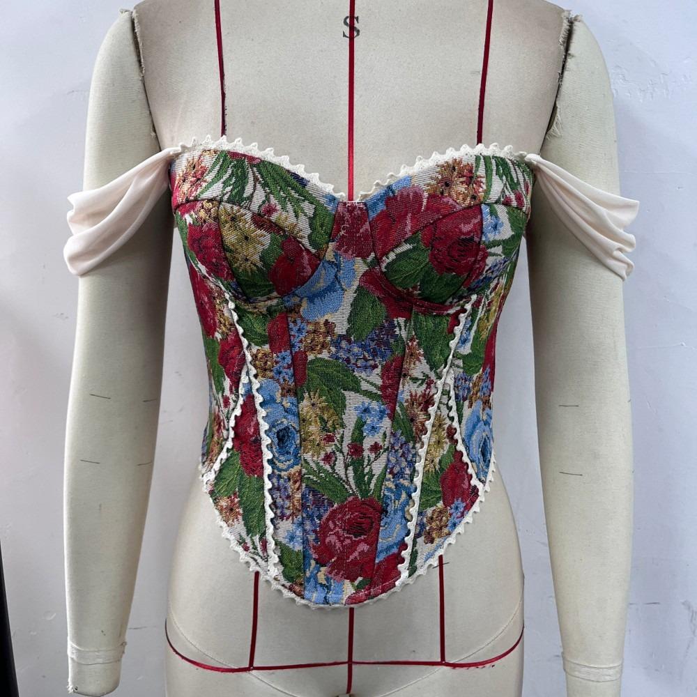 Jacquard Fabric Fish Bone Corset Lace Camisole Top Elegant Jacquard Corset Vest  Evening Wear