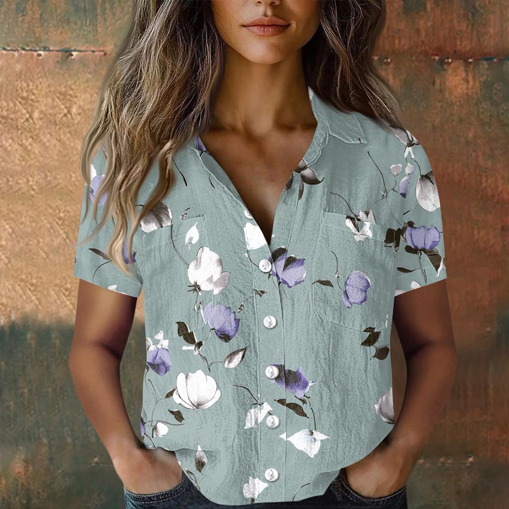 Damskie Bluzki Bawełniano-Lniane Koszule z Krótkim Rękawem Luźne Boho T-shirty Vintage Bluzki