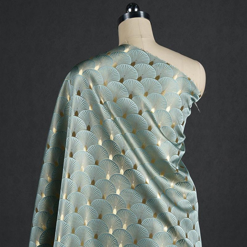 50x150cm Lesklá Zlatá Modrá Žakárová Látka ve Tvaru Vějíře List Ginkgo Tkaná Brokátová Látka Pro DIY Cheongsam Šaty Bundu