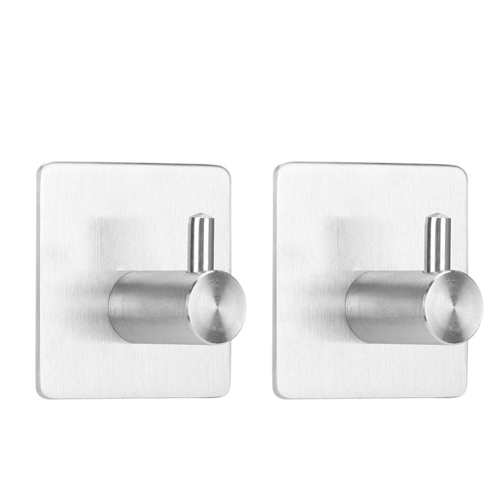 2 PCS Punch Free Adhesive Hook Silver Towel Hook Practical Coat Hook Space Saving
