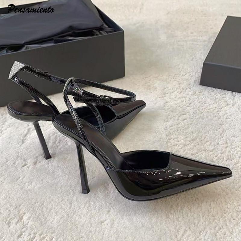 Fashion Luxury Rhinestones Patent Leather Women Pumps Sandals Elegant Square toe Stiletto High heels Summer Fashion Office Dress Shoes