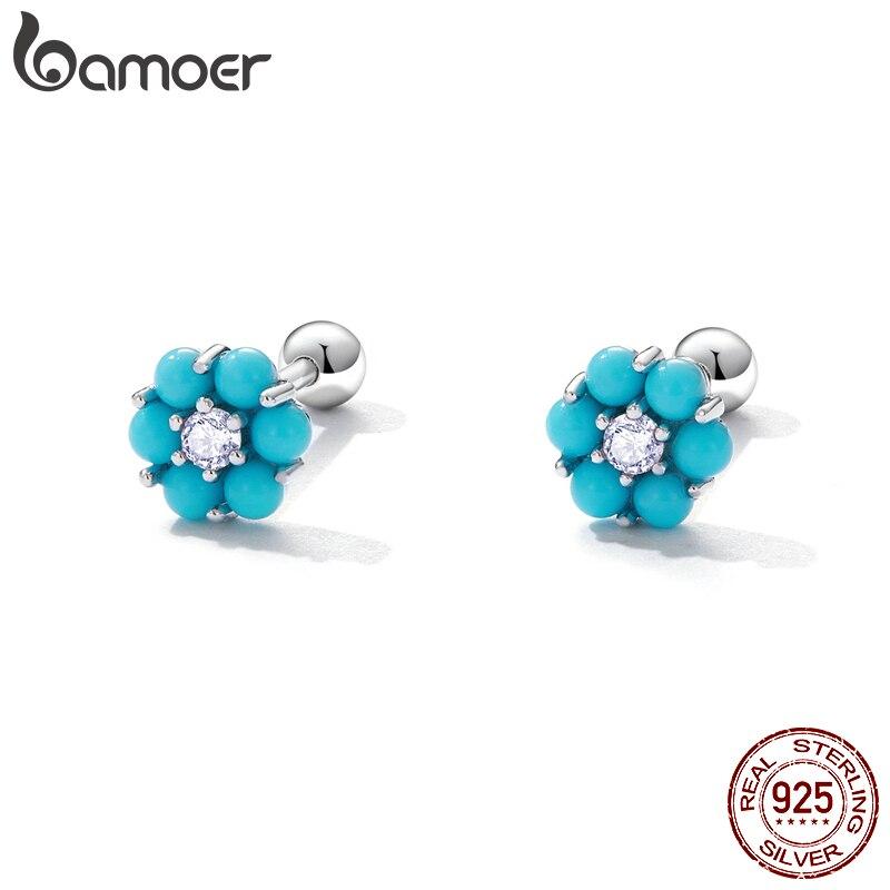 

BAMOER Новое поступление, серьги-гвоздики из стерлингового серебра 925 пробы с бирюзовым цветком для женщин, серьги-гвоздики в корейском стиле с синим камнем, изящные ювелирные изделия 925 silver