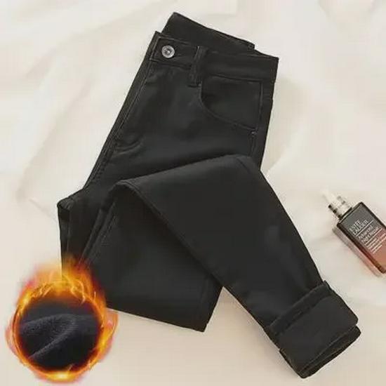 

Женские джинсы с высокой посадкой, на флисовой подкладке, облегающего кроя - Осень 2023, брюки-карандаш в корейском стиле 32 чёрный