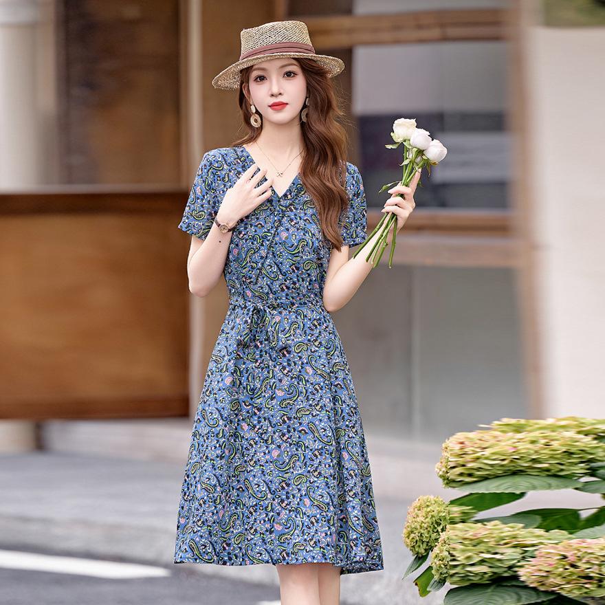 

Женское платье с цветочным принтом, новая мода, V-образный вырез, приталенное и стройнящее, средней длины, с короткими рукавами, шифоновая юбка, тренд 2XL синий