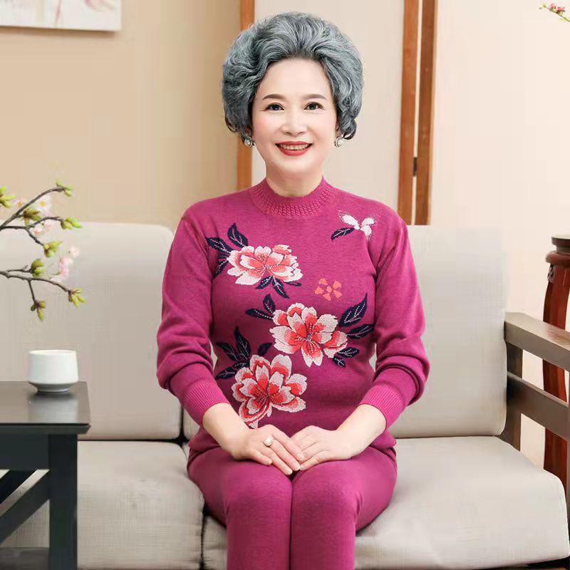 Women's Plus Size Fleece-Lined Warm Underwear Set for Middle-Aged and Elderly