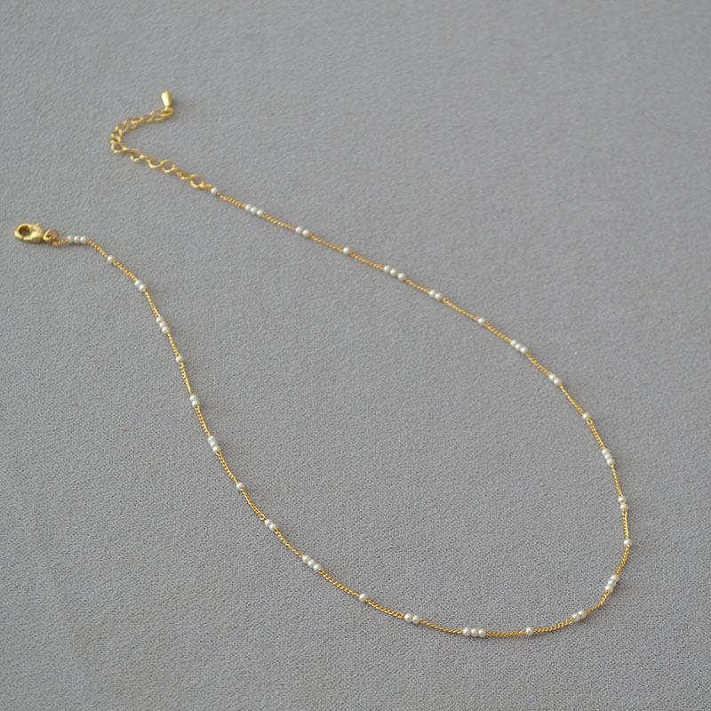 French niche design simple mini baby small pearl spaced brass gold-plated elegant extremely fine necklace collarbone chain