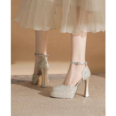 2025 νέες γαλλικές παγιέτες αδιάβροχο τραπέζι ψηλοτάκουνα γυναικεία χοντρά τακούνια δεν κουράζουν τα πόδια όμορφα νυφικά παπούτσια νυφικά παπούτσια παπούτσια γάμου