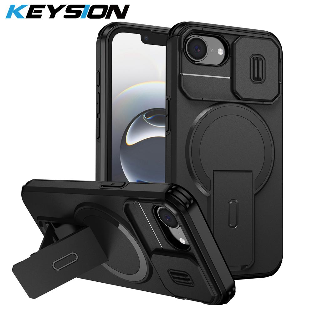 

KEYSION Shockproof Armor Magnetic Case for iPhone 16e Silicone+PC Slide Camera Protect Kickstand Wireless Charging Phone Cover for iPhone 16e