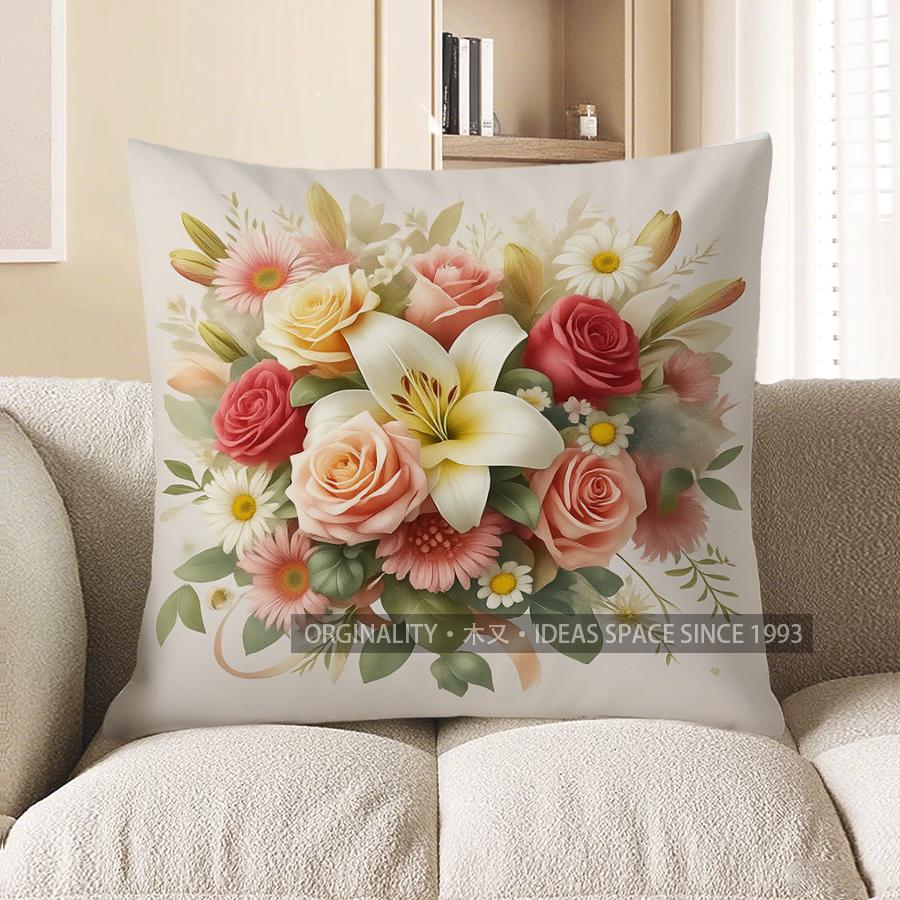 Home Decor Bouquet Of Flowers Decorative Throw Pillow Pattern Cushion Cover Suitable For Sofa Bedroom Car Pillow Cover