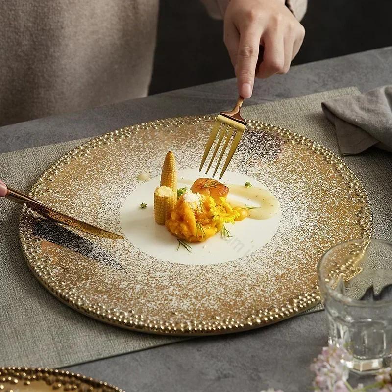 Gold Border High End Dining Plates Creative Light Luxury Ceramic Plate Retro Restaurant Steak Flat Tray Household Tableware