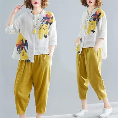 Women Suit Summer Cotton Linen T-shirt Pants Two Piece Set Comfortable Retro Print Two Piece Suit Plus Size