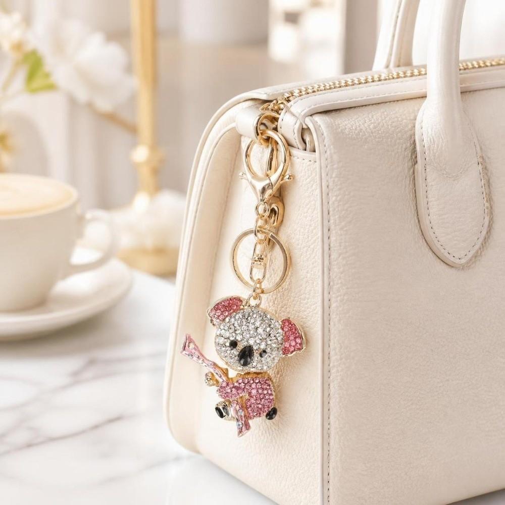 2pcs Pink Color Koala Bear Keychain Rhinestone Decoration Crystal Rhinestone Keychain  For Women
