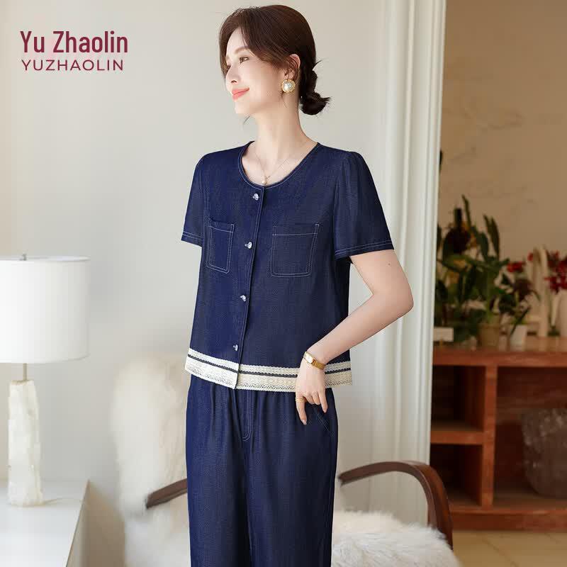 YUZHAOLIN Mid-Aged Women s Elegant Denim Short Sleeve Set L