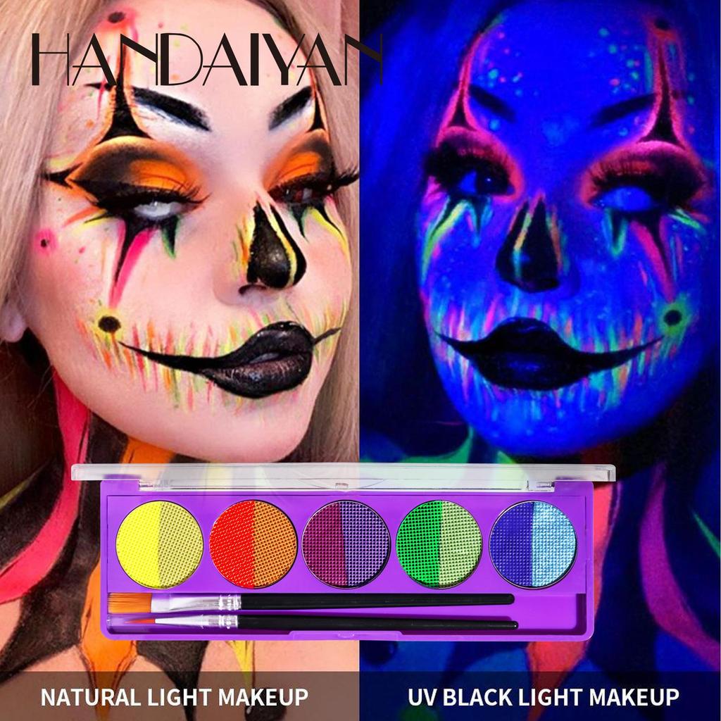 HANDAIYAN Face and Body Paint Palette UV Glow Water-Activated Split Cake Makeup Kit with Brushes for Halloween Festival Stage Cosplay Party