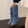 Fashion Pointed Denim Single Boots Women's Four Seasons Sleeve Non-Slip Wear-Resistant Square Heel Mid-Cone Boots