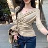 Women's Slim-Fit Tencel Wool V-Neck Mid-Sleeve Top - Korean Style, Spring/Summer 2026 Collection