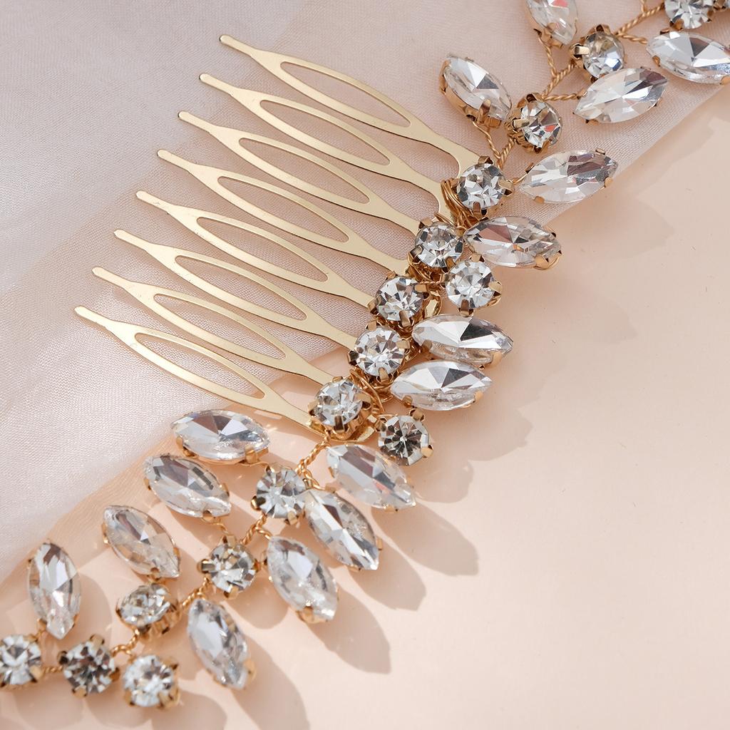 Wedding Hair Accessories Gold Rhinestone Hair Comb Wedding Banquet Updo Hair Ornaments Crystal Leaf Bridal Comb