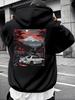 Men's Winter Casual Hooded Sweatshirt - Vibrant Red Graphic Print with Mountain & Car Design, Regular Fit, Machine Washable