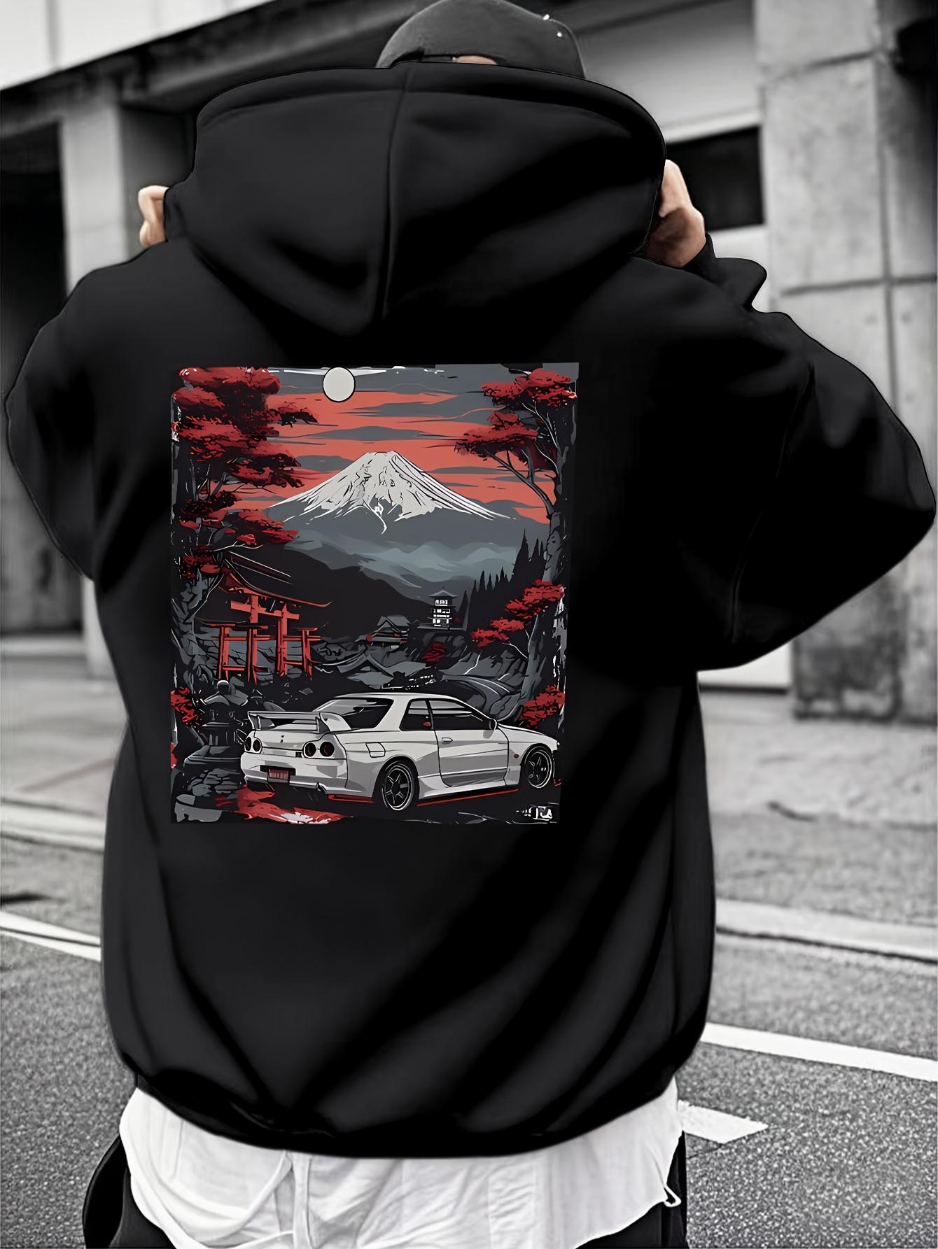 

Men s Winter Casual Hooded Sweatshirt - Vibrant Red Graphic Print with Mountain & Car Design, Regular Fit, Machine Washable 3XL