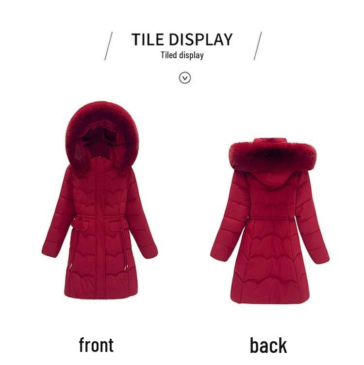 Women's Mid-Length Winter Fur Collar Hooded Cotton Jacket - Fashionable Slimming Warmth