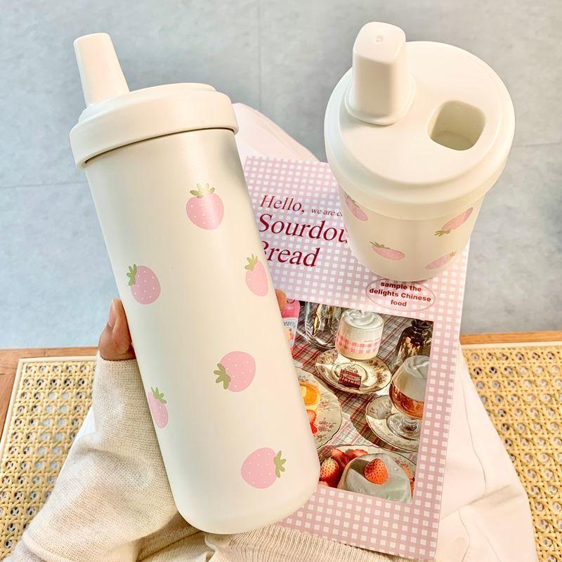 Kawaii Strawberry Thermos Bottle Stainless Steel Vacuum Insulated Straw Cup Cute Girls Outdoor Ice Coffee Drinking Water Cup