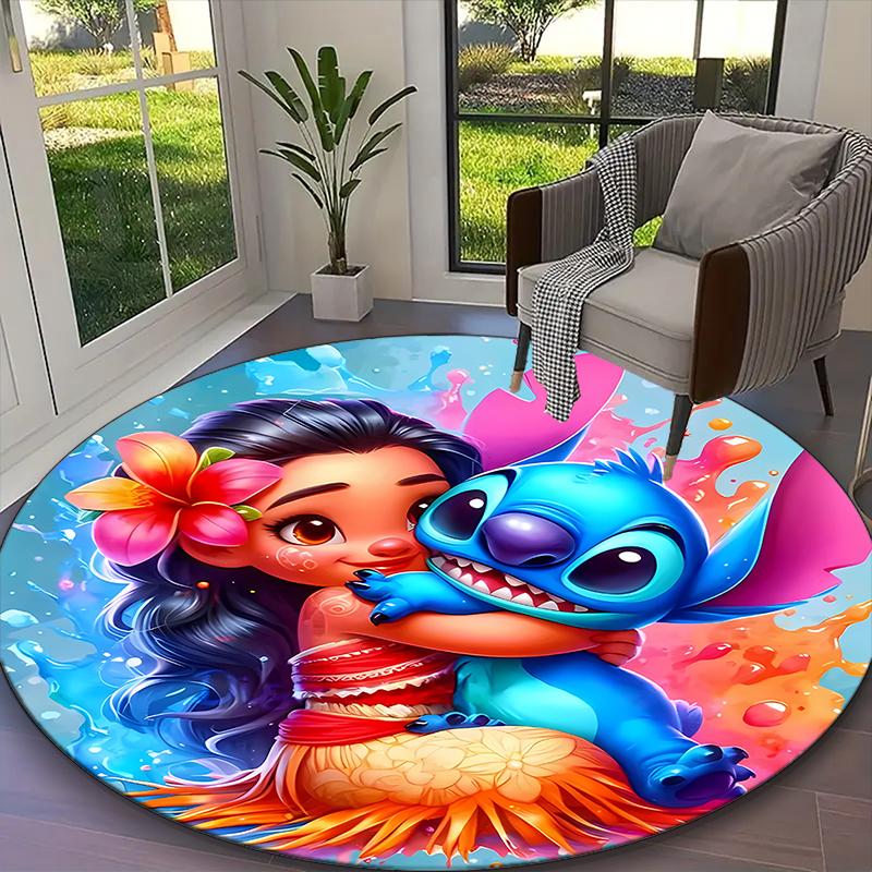 [Stitch And Ariel Little Mermaid Floral Printed Carpet] Non-slip Office Rug, Cozy Round Carprt for Living Room Use, Soft Home Sofa Chair Mat