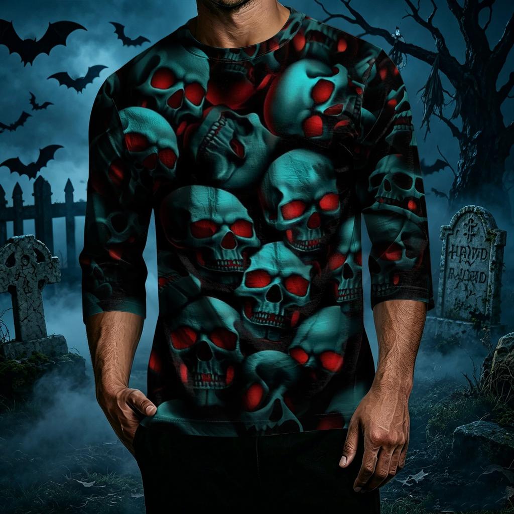 Men's Casual Halloween Graphic T-Shirt Three Quarter Sleeve Crew Neck Top Lightweight Comfortable Fit