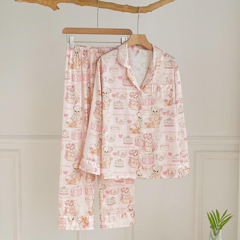 

Пижама весна осень шелковистый атлас 2 шт рубашка брюки брючный костюм с принтом повседневная пижама женская сексуальная свободная домашняя одежда одежда для отдыха M розовый