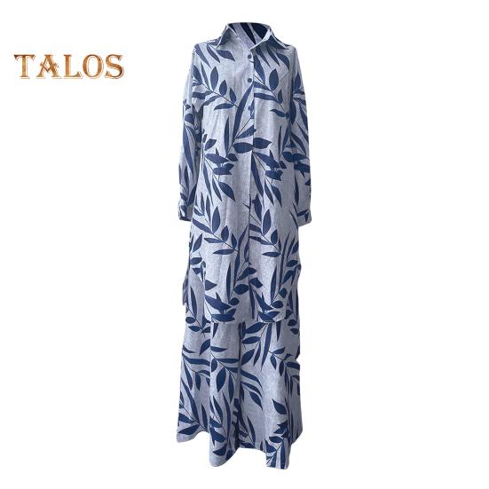 2-teiliges Set mit Hemd und Hose für Damen, Umlegekragen, einreihig, Blätterdruck, lange Ärmel, lockeres Oberteil in mittlerer Länge, elastische Taille, Hose mit weitem Bein, Sport