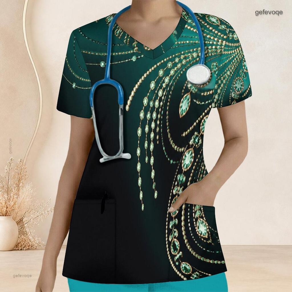 Women Plus Size Black Gold Geometric Printed Scrub Top V Neck Short Sleeve With Front Pockets