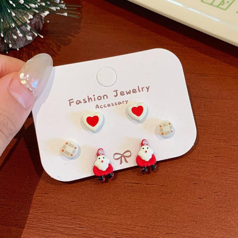 3 Pairs Cute Cartoon Christmas Earring Set Kawaii Santa Claus Bell Elk Festival Red Earring Fashion Jewelry Accessories Gifts