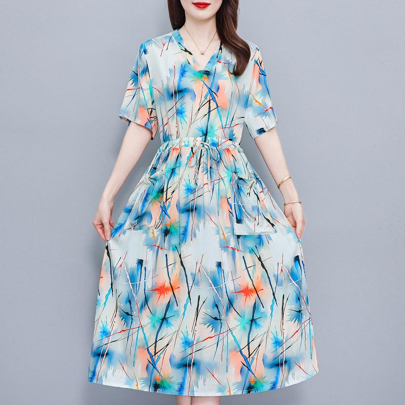Elegantes Sommerkleid für Damen Vintage Kleidung Übergröße Lässig Kurzarm Langes Kleid