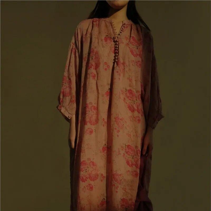 Johnature Women Vintage Ramie Print Floral Dress Seven Sleeve Autumn Robes Loose Button V-Neck A-Line Dresses