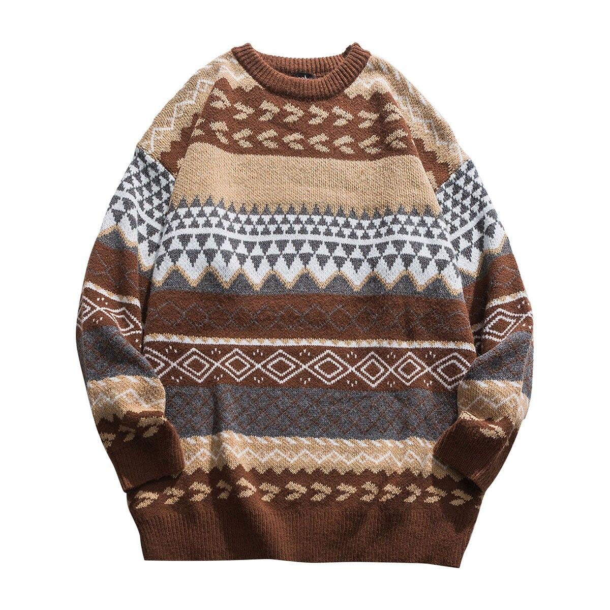 

Вязаный полосатый винтажный свитер Мужская женская одежда Пуловер Повседневный свитер L кофейный