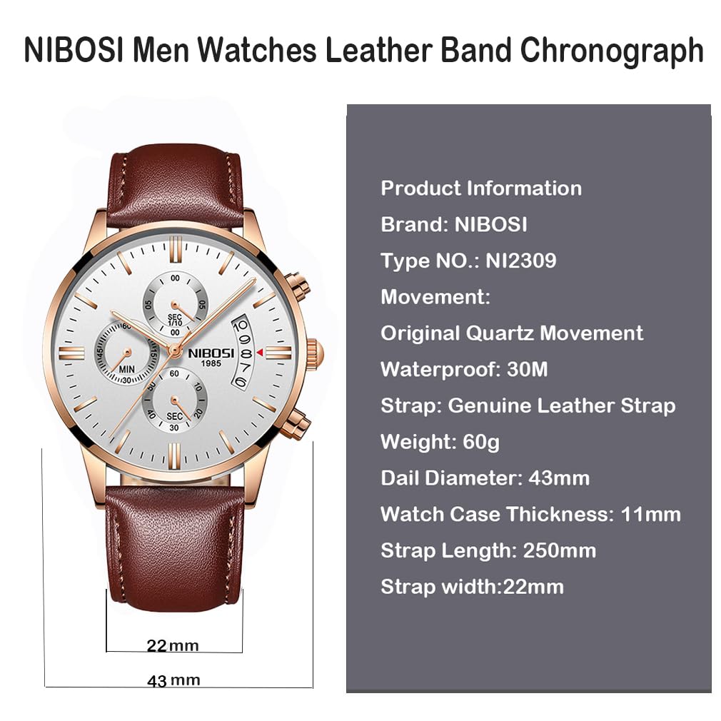 NIBOSI Watch Brown Leather Strap Chronograph Waterproof Brand Analog Business Arm Watch Stylish Casual Big Face Watch Luxury Gift White Watch for Men