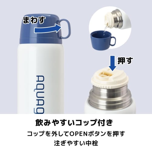 Atlas Water Bottle, 850ml/810ml Capacity, Insulated, Cold, and Hot, Lightweight, for Kids and Children, Includes Cup, 2-Way Design, Pouch, Navy, Aquag