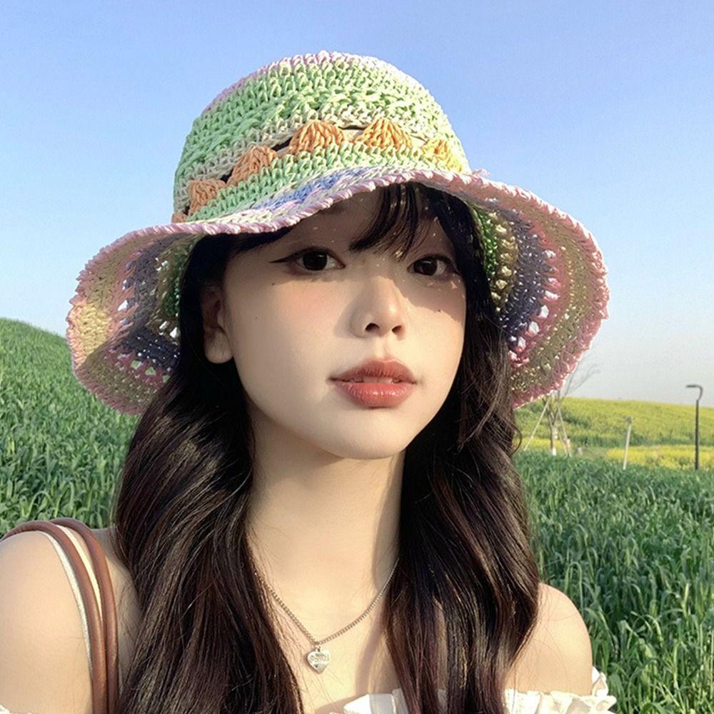 

Boho Rainbow Straw Hat UV Protection Beanie Hat Simple Woven Fisherman Hat Holiday