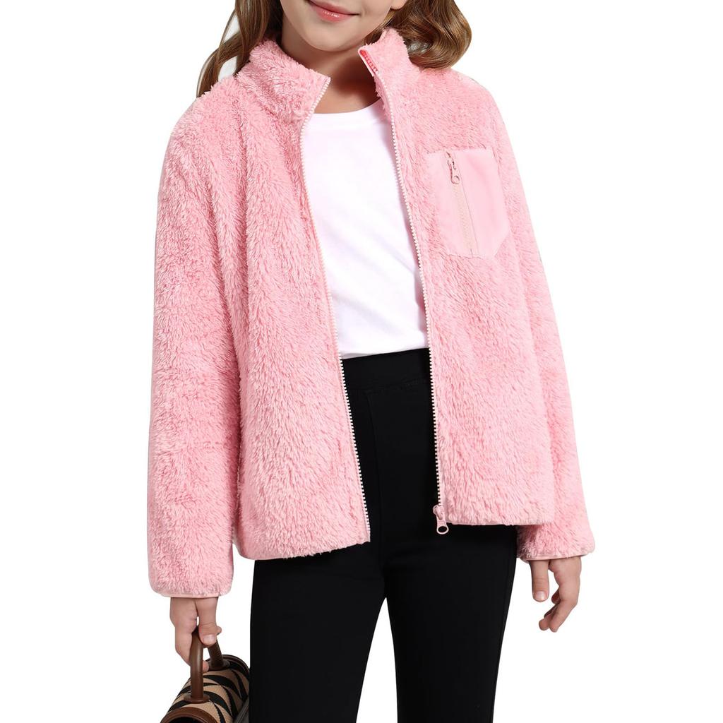 Girls' Fashion Solid-Colour Zip-Up Fleece Jacket With Pockets