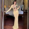 INS European and American Style Summer New Women's Clothing Fashion Long-sleeved Sexy Hollow Perspective Slim-fitting Hip-wrapped Dress