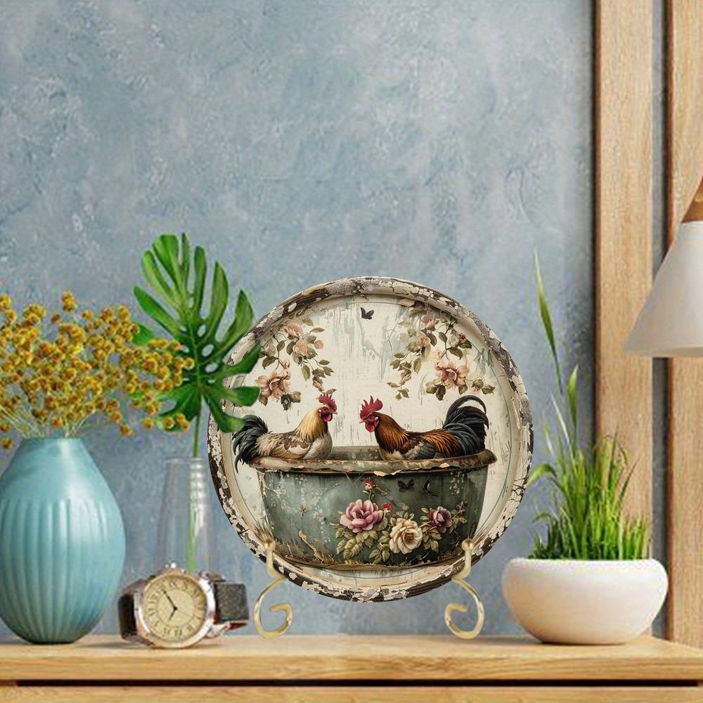 1pc, Chicken Theme Wreath Sign (8x8 Inches), Round Bathroom Aluminum Metal Decorative Sign, Suitable for Home, Cafe, Apartment