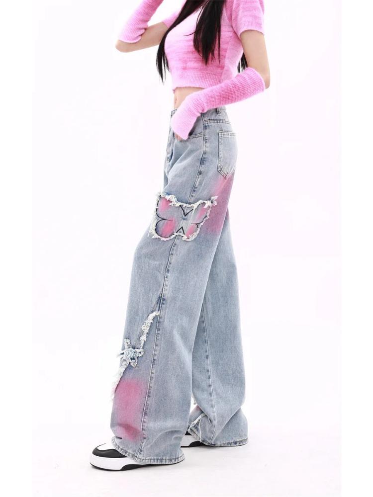 Women's Blue Baggy Butterfly Jeans Vintage Cowboy Pants Harajuku Denim Trousers Aesthetic Y2k Oversize Trashy 2000s Clothes 2026