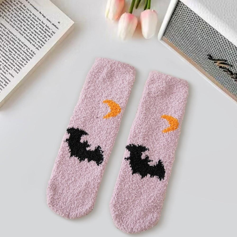 4pairs/set Soft Halloween Socks Coral Fleece Bat Ghost Mid-Calf Socks  Female