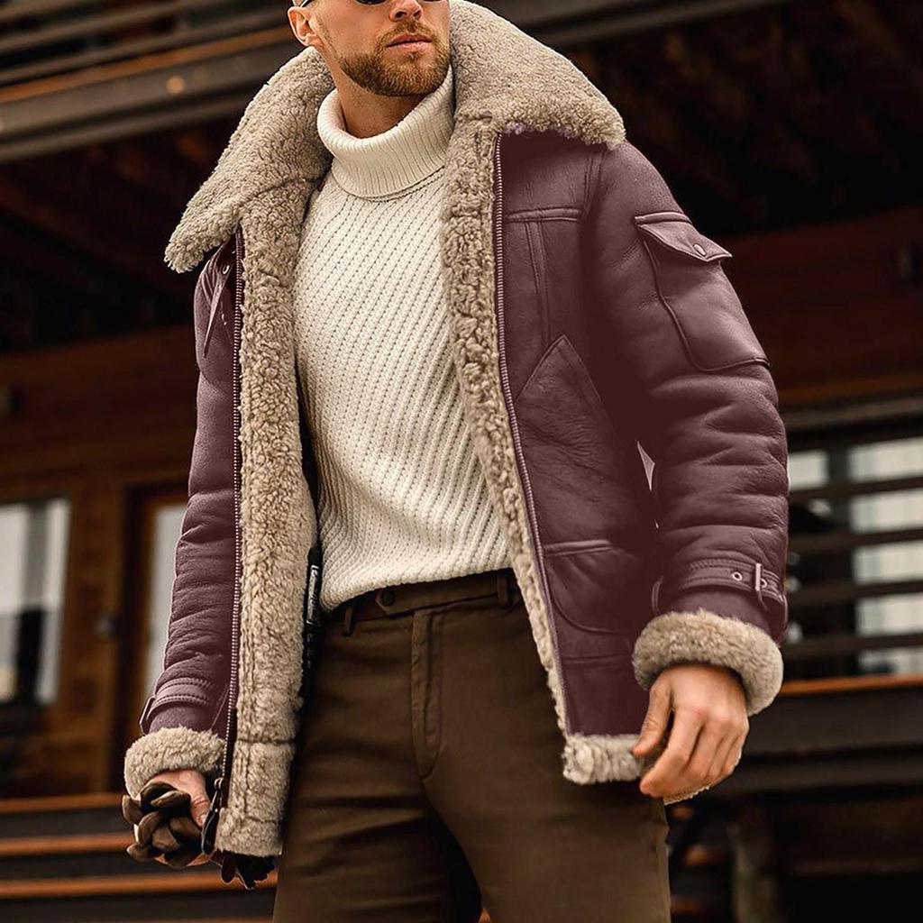 Men's Thickened Long Sleeves Coat Faux Leather Fleece Jacket Outerwear