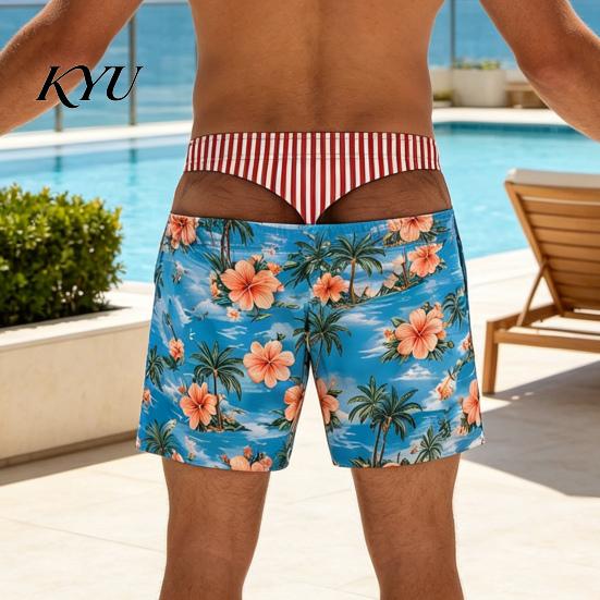 Mens Funny Beach Shorts Men Hairy Butt Shorts, Big Booty Leopard Novelty Illusion Printed Swimwear Print Briefs Design, USA Flag Swim Trunks