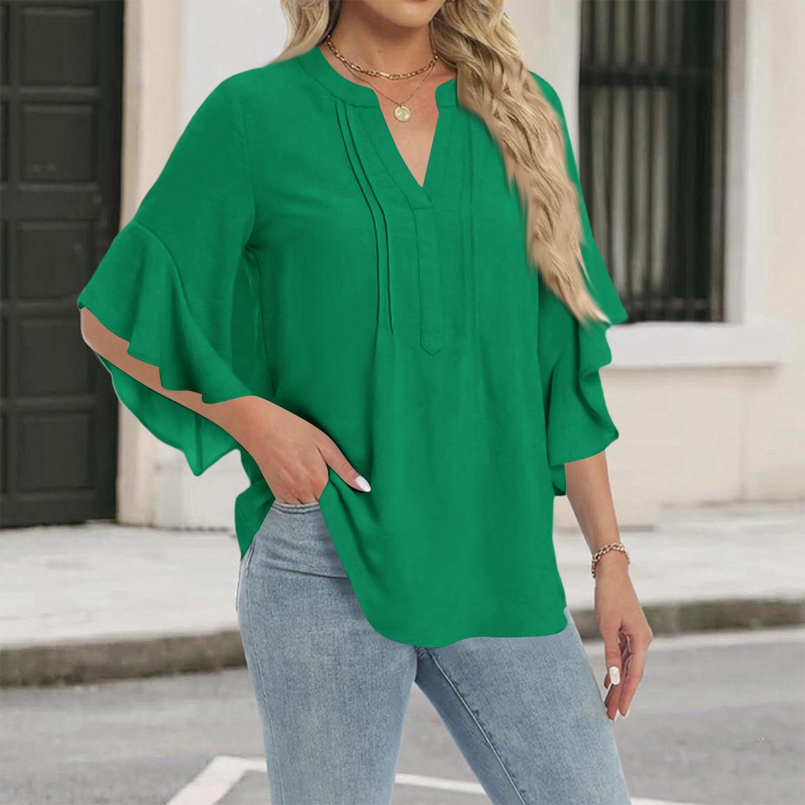 

Womens V Neck Ruffle Sleeve Blouse Loose Fit Tunic Top Lightweight Pullover Shirt for Casual Work Wear L зелёный