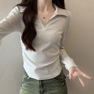 Printemps et Automne Nouveau POLO Col Manches Longues T-Shirt Femme Slim Moulant Polyvalent Taille Épaules