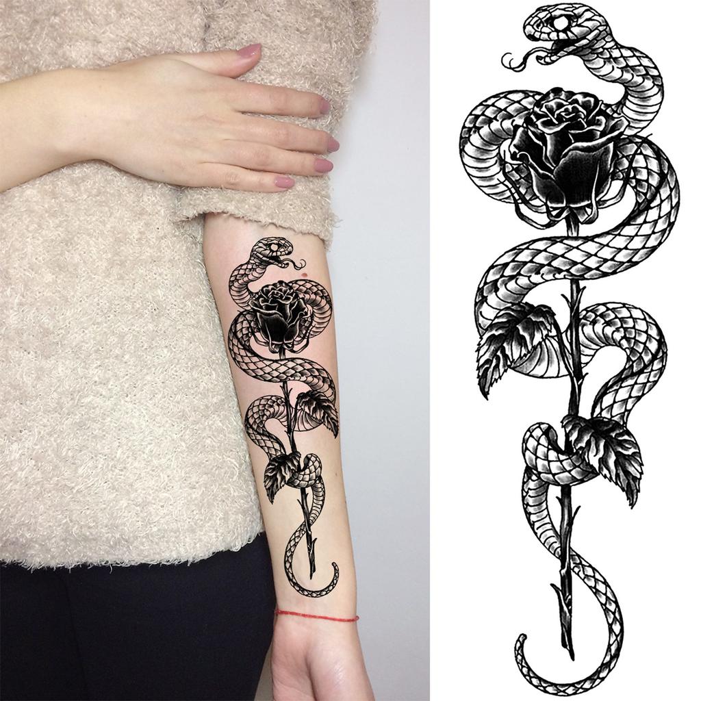 1 Sheet Flower Snake Temporary Tattoos For Women Girls Black Peony Rose Flora Sexy Tattoo Sticker Waterproof Self Adhesive Arm