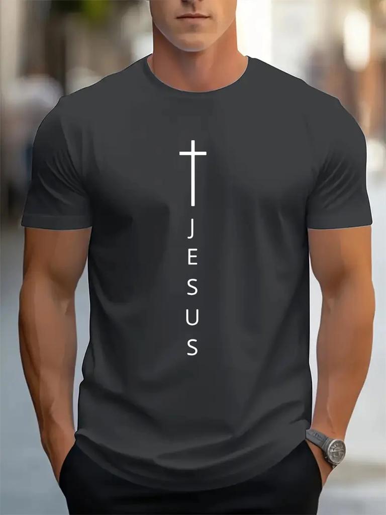 Mens Summer 100 Cotton Fashionable Casual Loose Large Cross and Jesus Letter Printed Sports Round Neck Short Sleeve Tshirt Top